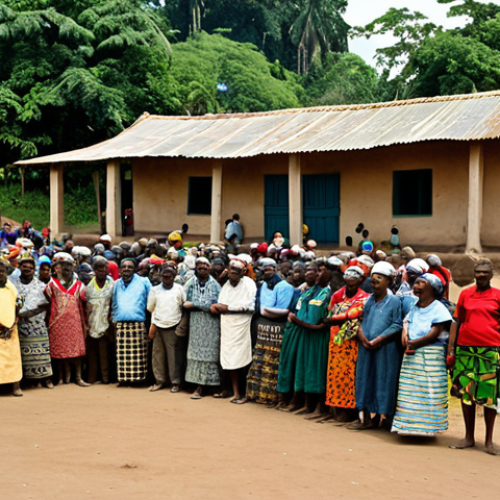 Village Center**

"A bustling village square in Congo, with traditionally built mud houses surrounding it. People are fully clothed, gathering for a community meeting. The chief is present, wearing traditional attire. Background shows lush green vegetation. Perfect anatomy, natural proportions, safe for work, appropriate content, fully clothed, professional photography, family-friendly."

**