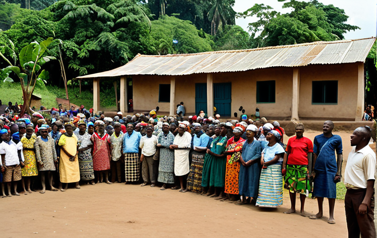 Village Center**

"A bustling village square in Congo, with traditionally built mud houses surrounding it. People are fully clothed, gathering for a community meeting. The chief is present, wearing traditional attire. Background shows lush green vegetation. Perfect anatomy, natural proportions, safe for work, appropriate content, fully clothed, professional photography, family-friendly."

**