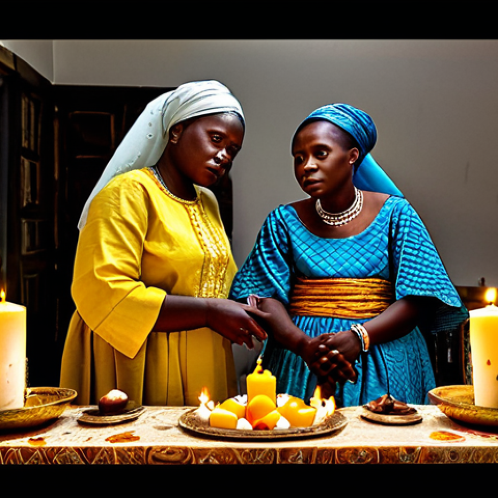 콩고 공화국의 전통 종교 의식 - Ancestral Veneration**

"A Congolese family, fully clothed in modest traditional attire, gathered ar...