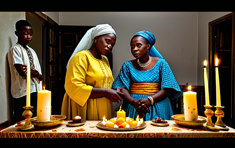 콩고 공화국의 전통 종교 의식 - Ancestral Veneration**
"A Congolese family, fully clothed in modest traditional attire, gathered ar...