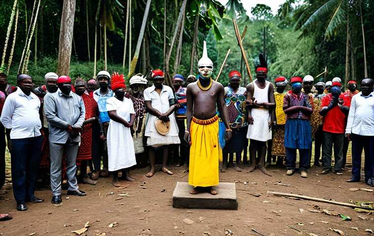 콩고 공화국의 전통 종교 의식 - Ancestral Veneration**

"A Congolese family, fully clothed in modest traditional attire, gathered ar...
