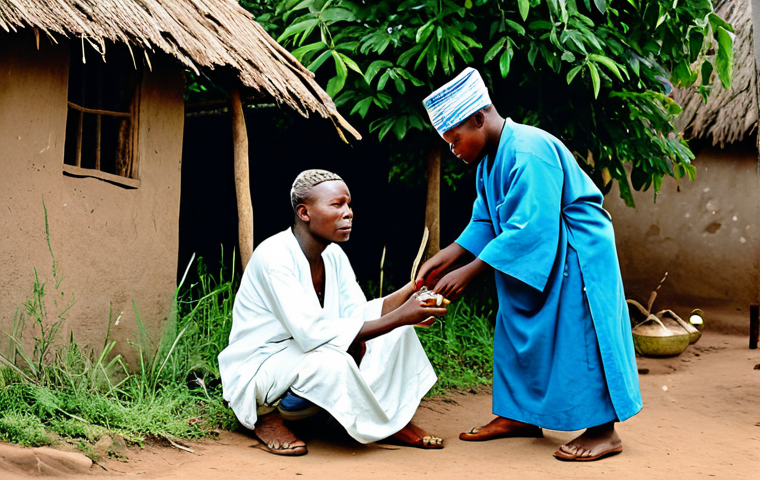콩고 공화국의 전통 종교 의식 - Initiation Ritual**

"A young Congolese man, fully clothed, participating in an initiation ritual, w...