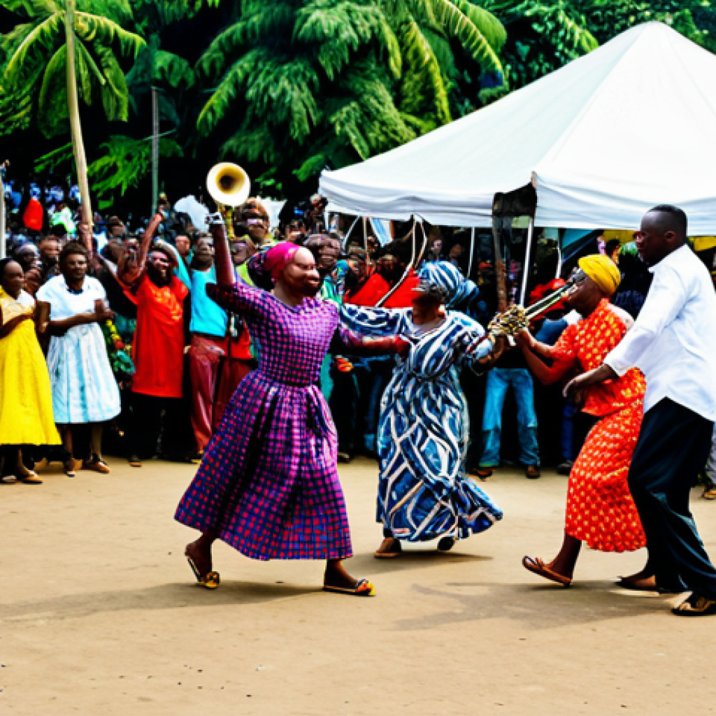 콩고 공화국의 대표적인 축제 및 행사 - **
"A vibrant outdoor concert in Brazzaville, featuring Congolese musicians playing rumba music, fu...