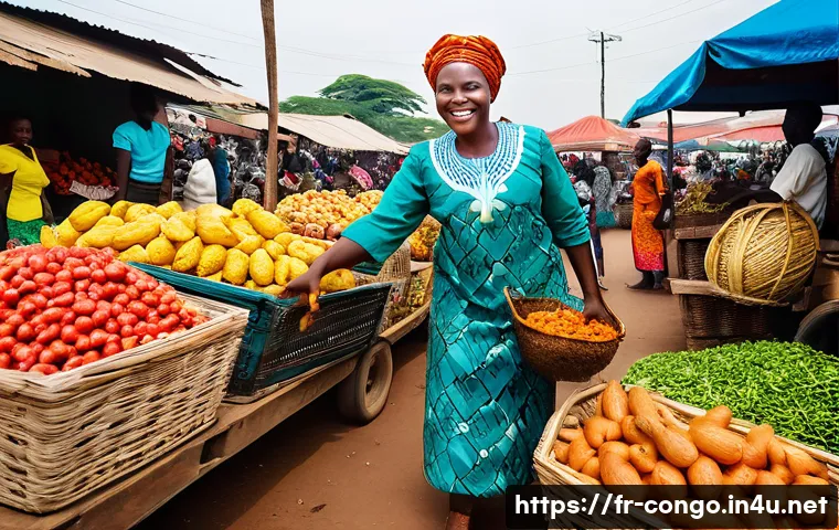 콩고 공화국 전통 요리 레시피 - **Vibrant Congolese Market Life:**
    "A bustling, open-air Congolese market under a bright, sunny ...
