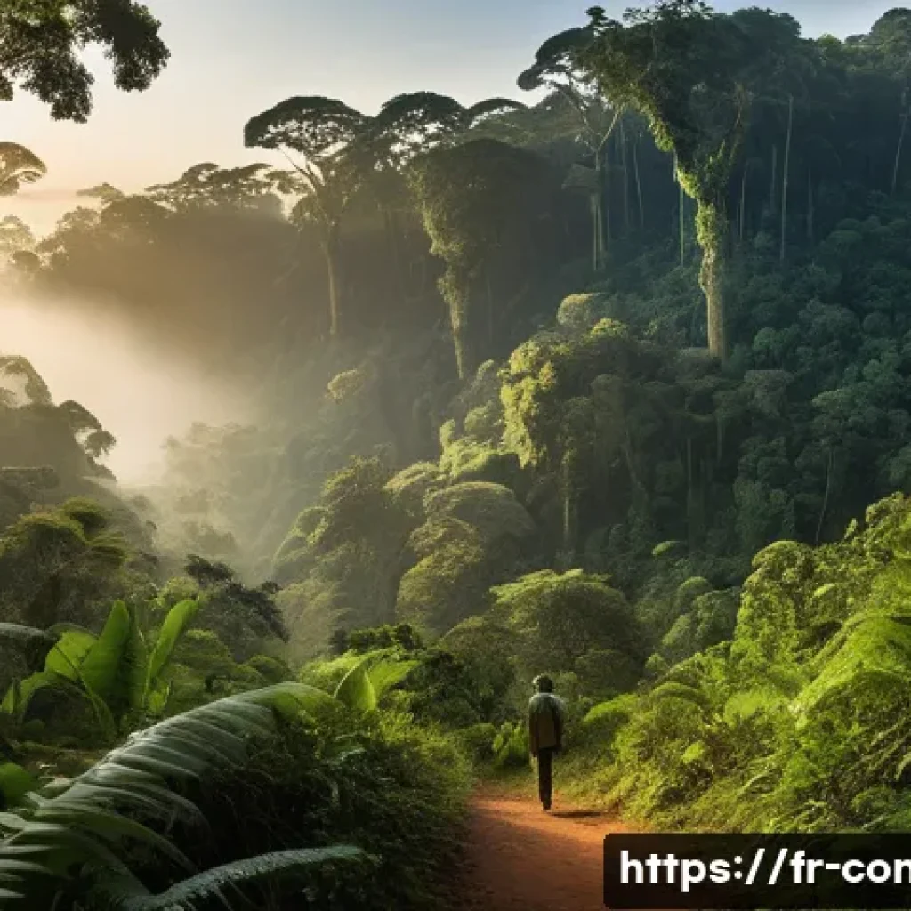 콩고 공화국의 자연환경 및 생태계 - **"A breathtaking panoramic view of the majestic Congo Basin rainforest at dawn. The scene is domina...