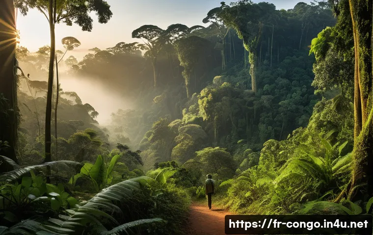 콩고 공화국의 자연환경 및 생태계 - **"A breathtaking panoramic view of the majestic Congo Basin rainforest at dawn. The scene is domina...