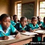 콩고 공화국 교육 시스템 개요 - A rural Congolese school scene showing a group of children in colorful clothing and clean school uni...