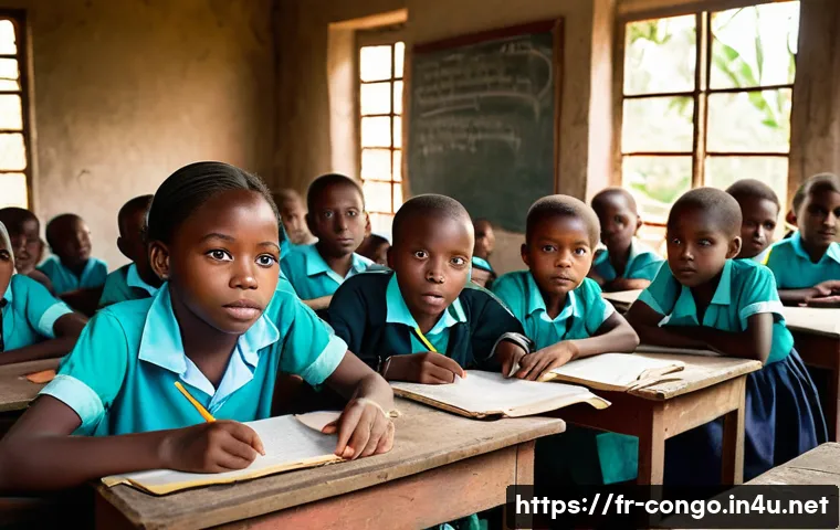 콩고 공화국 교육 시스템 개요 - A rural Congolese school scene showing a group of children in colorful clothing and clean school uni...