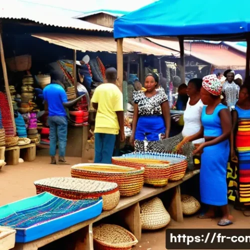 콩고 공화국 여행 시 환전 및 물가 정보 - A bustling outdoor market scene in Brazzaville, Republic of Congo, showing local vendors selling tra...