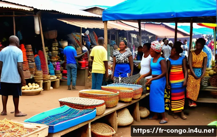 콩고 공화국 여행 시 환전 및 물가 정보 - A bustling outdoor market scene in Brazzaville, Republic of Congo, showing local vendors selling tra...