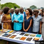콩고 공화국 유명 작가 및 문학 작품 - A vibrant literary festival scene in Kinshasa, Congo, showcasing a diverse group of contemporary Con...