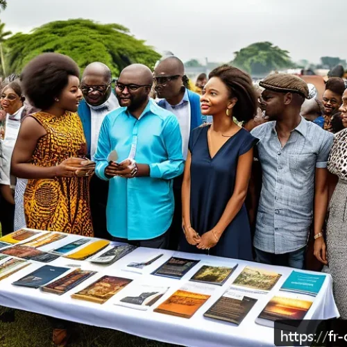 콩고 공화국 유명 작가 및 문학 작품 - A vibrant literary festival scene in Kinshasa, Congo, showcasing a diverse group of contemporary Con...