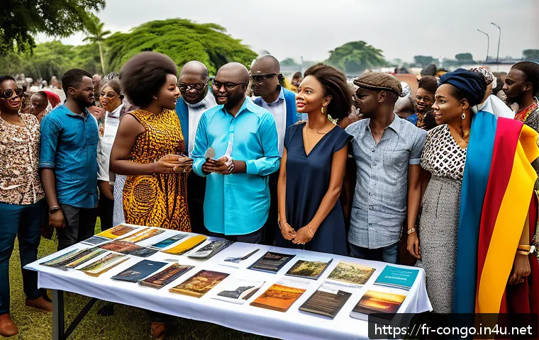 콩고 공화국 유명 작가 및 문학 작품 - A vibrant literary festival scene in Kinshasa, Congo, showcasing a diverse group of contemporary Con...