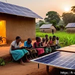 콩고 공화국에서의 전력 공급과 에너지 산업 - A vibrant rural Congolese village scene at sunset, showcasing a newly installed solar mini-grid powe...