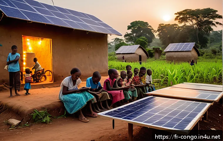 콩고 공화국에서의 전력 공급과 에너지 산업 - A vibrant rural Congolese village scene at sunset, showcasing a newly installed solar mini-grid powe...