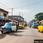 콩고 공화국에서 주의해야 할 여행 팁 - A bustling street scene in Brazzaville, Congo, showcasing official yellow-plated taxis lined up alon...