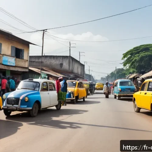 콩고 공화국에서 주의해야 할 여행 팁 - A bustling street scene in Brazzaville, Congo, showcasing official yellow-plated taxis lined up alon...