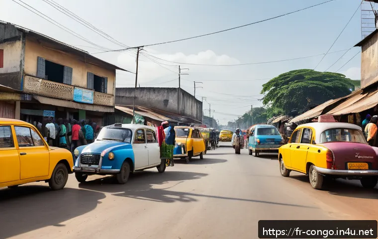 콩고 공화국에서 주의해야 할 여행 팁 - A bustling street scene in Brazzaville, Congo, showcasing official yellow-plated taxis lined up alon...