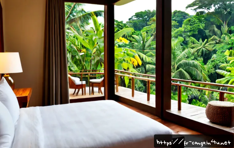 콩고 공화국 관광객을 위한 숙박 옵션 - Photorealistic upscale boutique hotel room in Brazzaville, Republic of the Congo, neatly made bed wi...